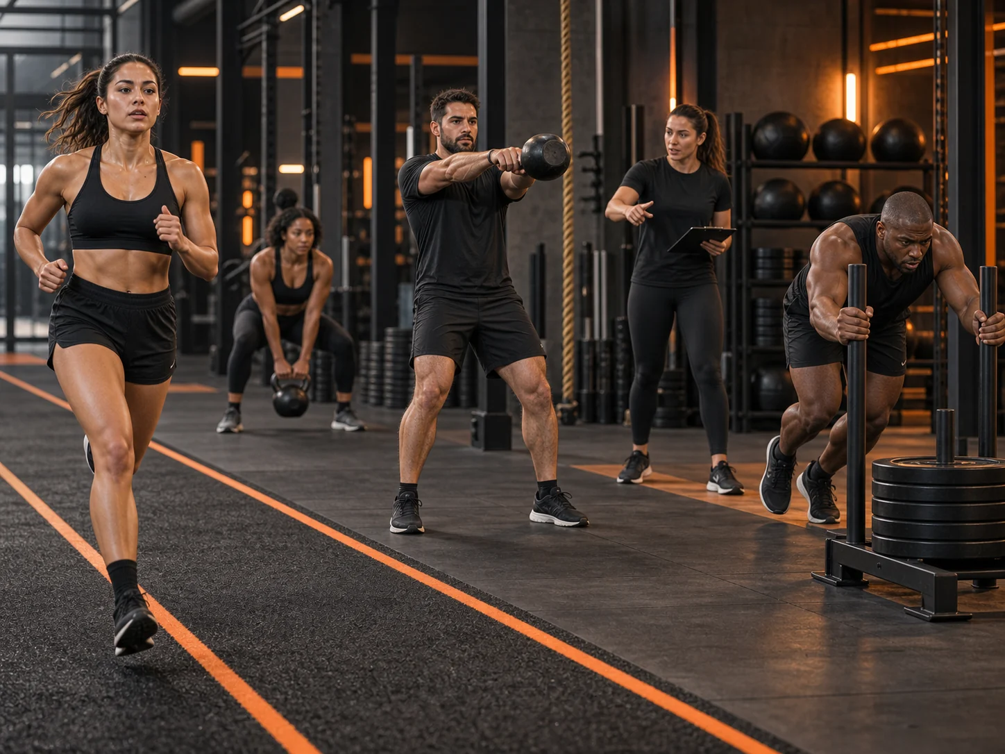 Grupo treinando força e condicionamento em conjunto