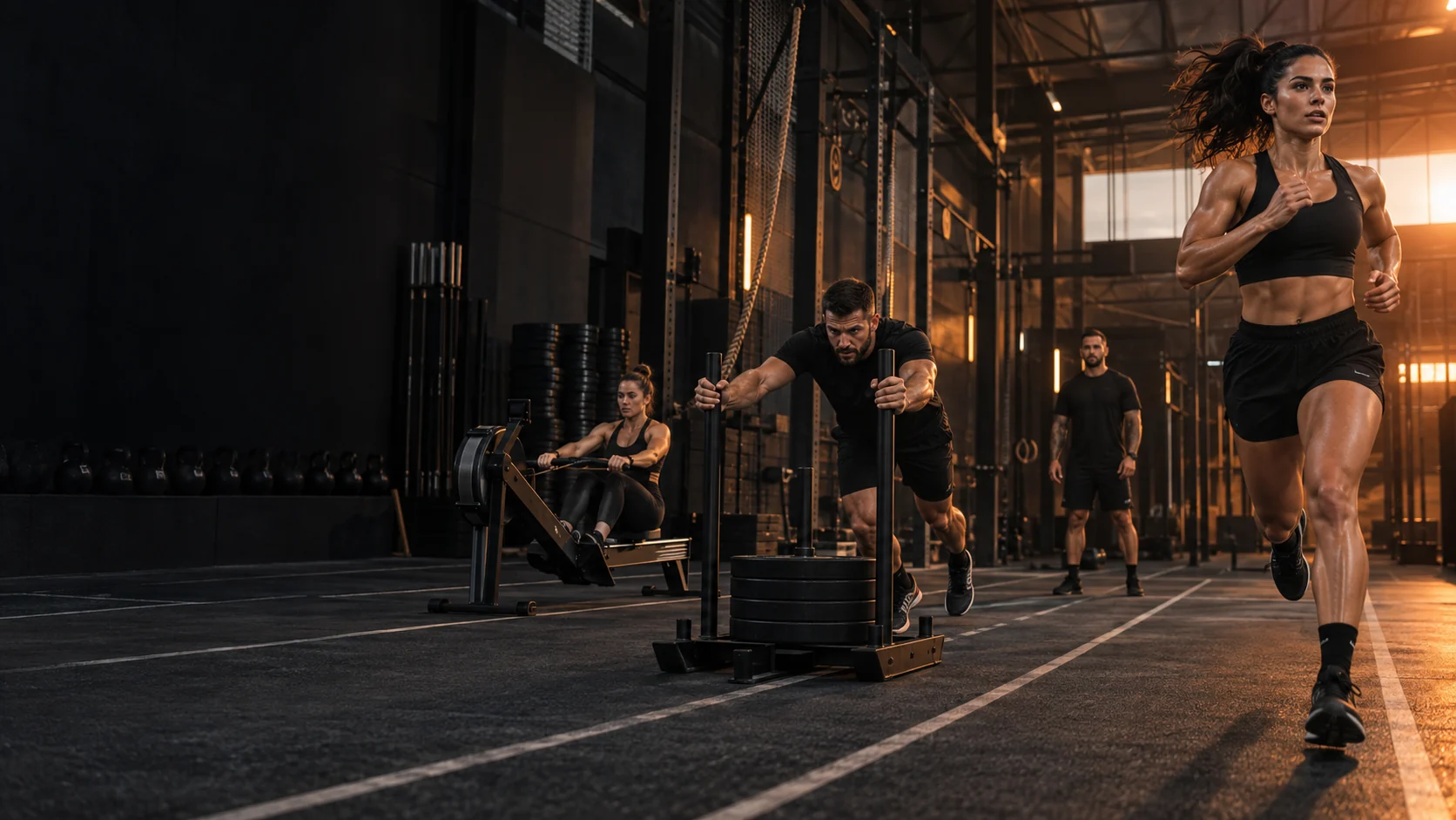 Pessoas treinando corrida e exercícios funcionais em uma academia moderna